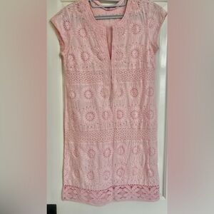 Calypso St. Barth blush embroidered cotton shift dress, lace hem band, XS